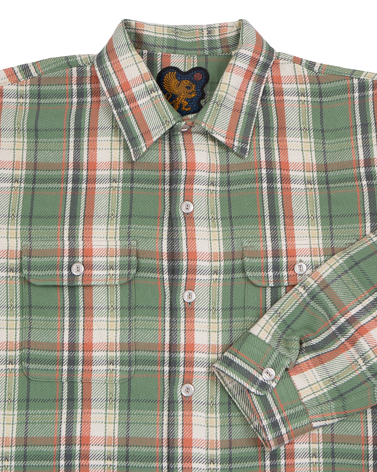 Indigofera Webster Shirt, Jacquard Flannel, Green / Beige Check - Image 3
